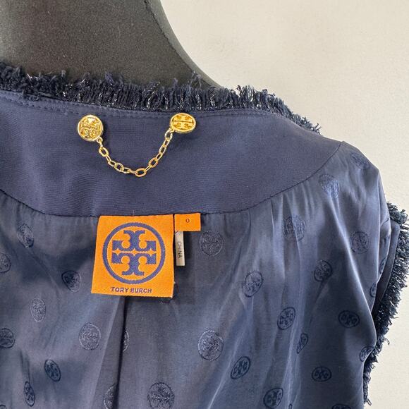TORU BURCH Emma Navy Metallic Crop Jacket Tweed Fringe Trim Round Neck Size 0 - Picture 5 of 7